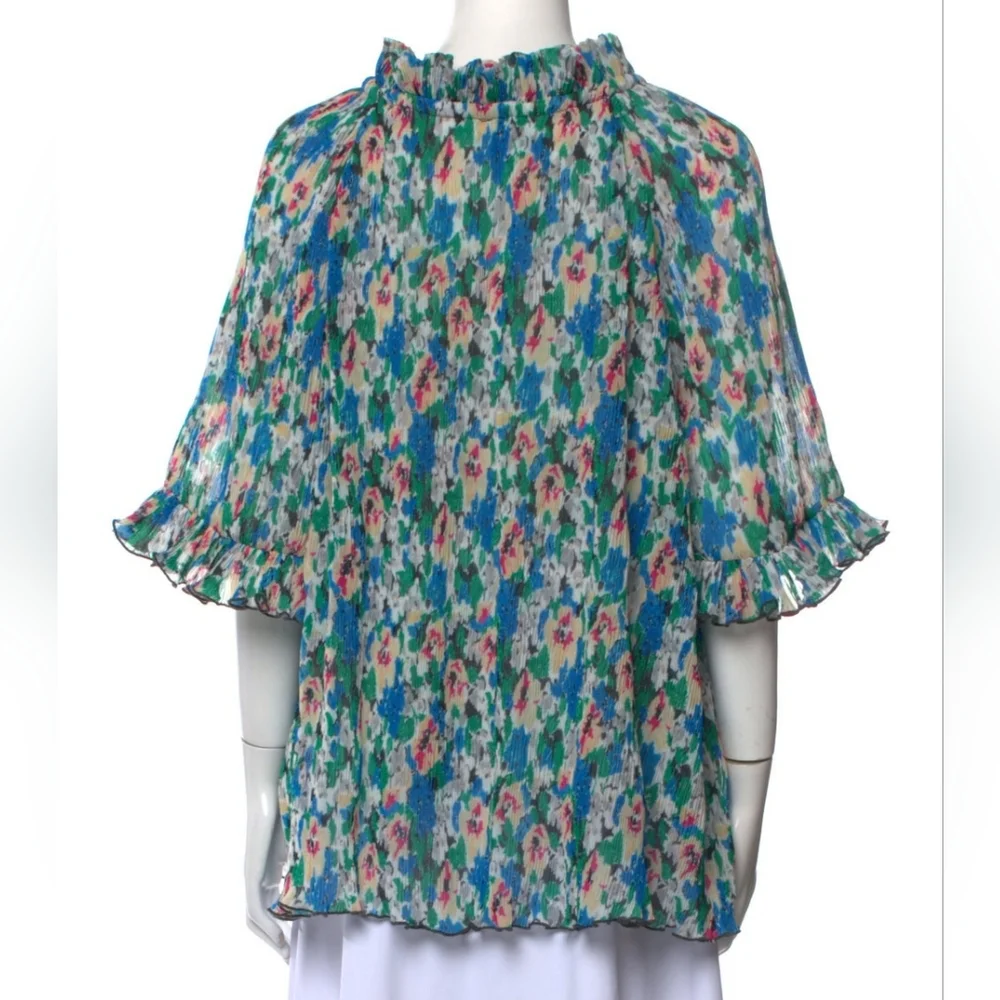 Ganni Women's Medium US6, DK36 RUFFLE FLORAL PLISSÉ-GEORGETTE TOP New - Picture 4 of 4